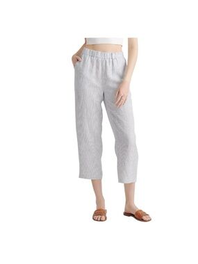 Quince 100% European Linen Pants Blue Pinstripe Coastal Nautical Resort S